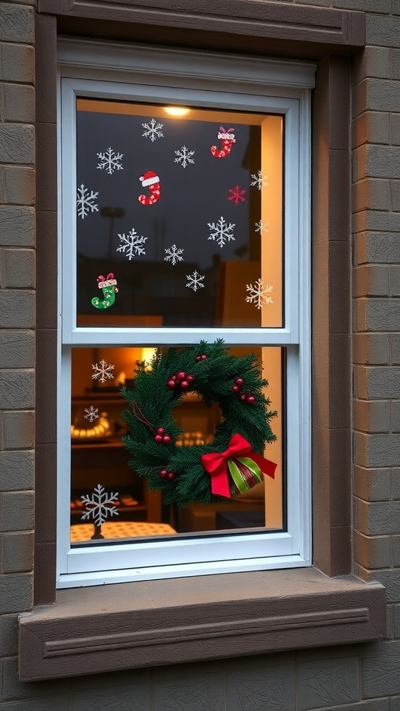 A decorated window with a wreath, festive decals, and a candle.
