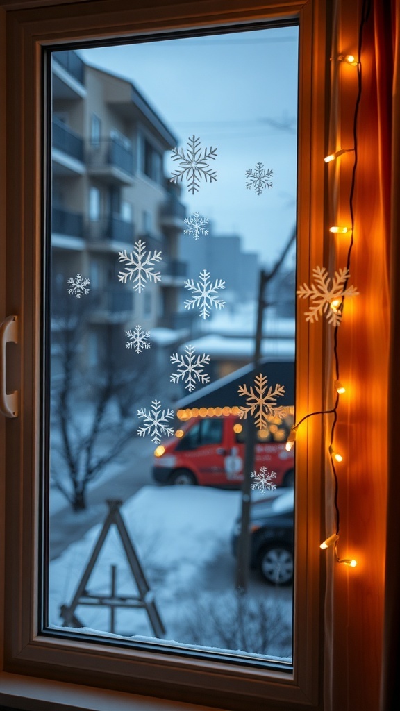 A window decorated with snowflake decals and warm string lights, showcasing a winter scene.