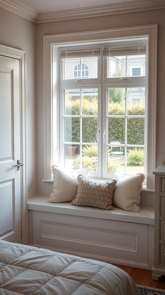 Cozy window seat with plush cushions in a bedroom nook