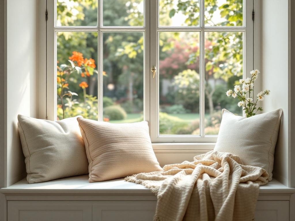 A cozy window seat with soft pillows and a view of a garden.
