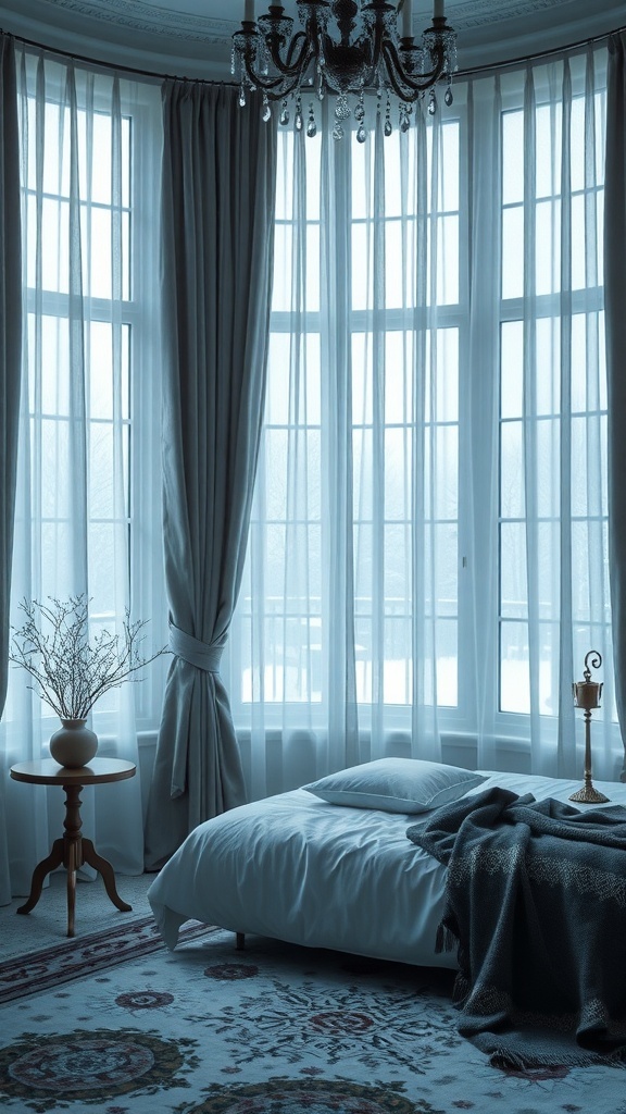 A cozy winter bedroom with large windows dressed in thick curtains, a bed with soft blankets, and a warm atmosphere.