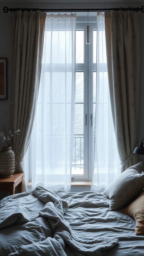 Cozy winter bedroom with light curtains and a bed covered in soft bedding.