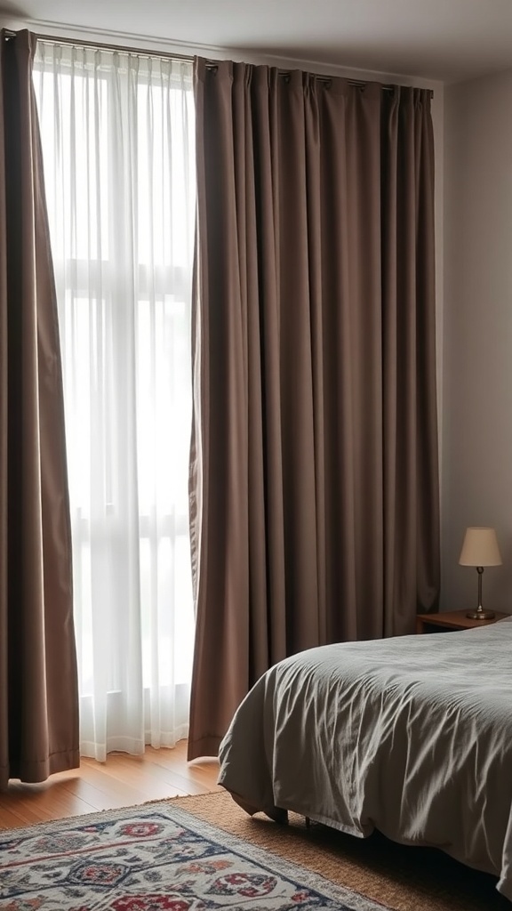 Cozy bedroom with layered window treatments for insulation.