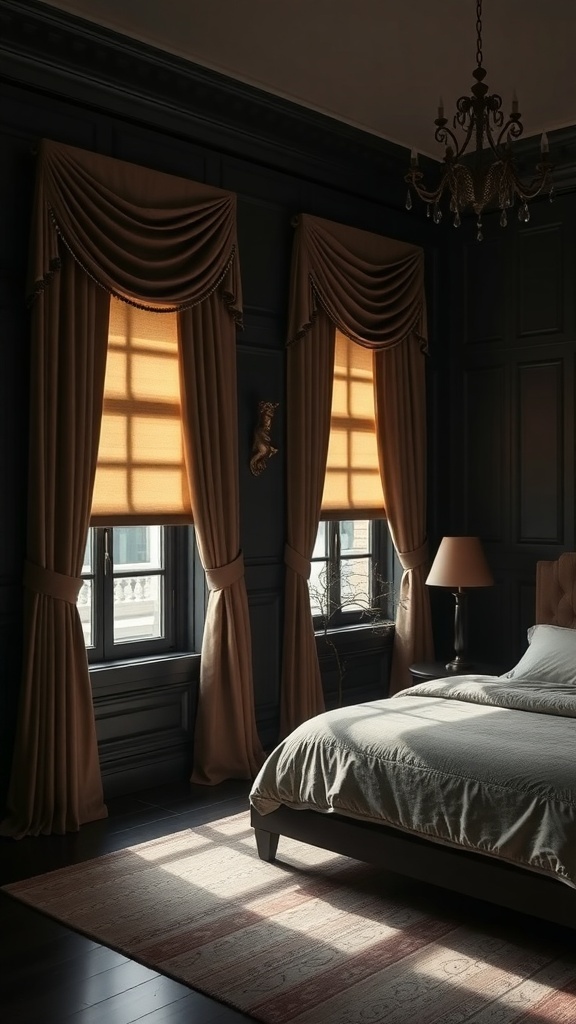 Elegant black and tan bedroom with layered window treatments.