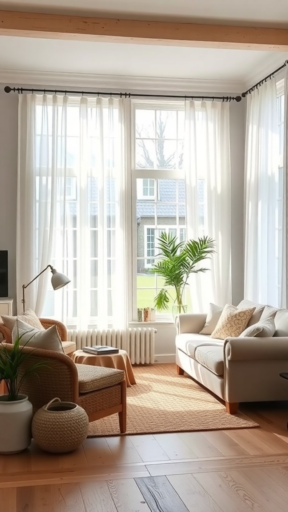 Bright farmhouse living room with large windows and sheer curtains