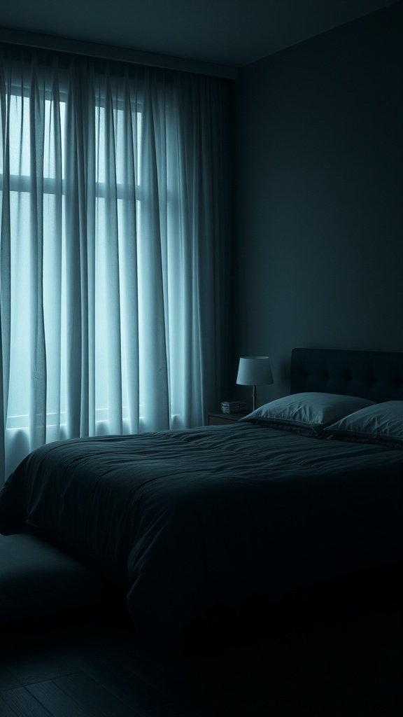 A dark bedroom with a bed and a narrow beam of light coming through partially closed curtains.