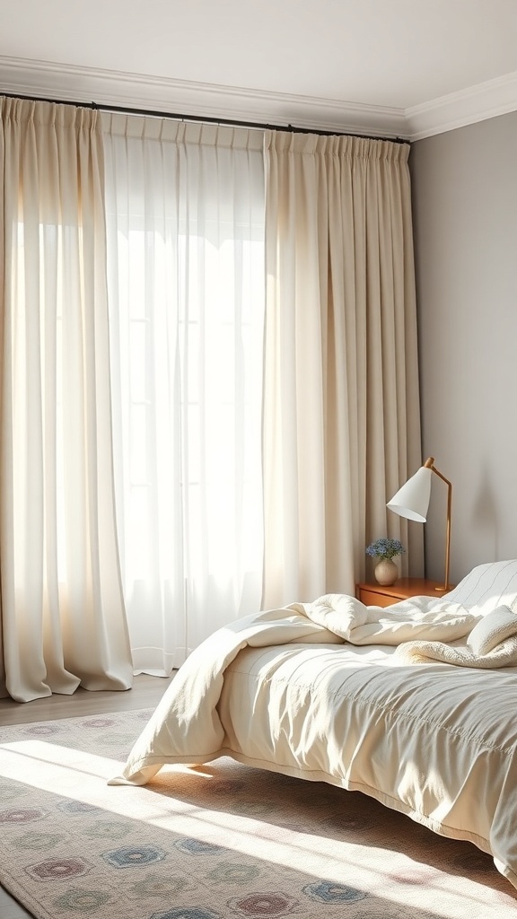 A modern farmhouse bedroom with soft curtains and natural light