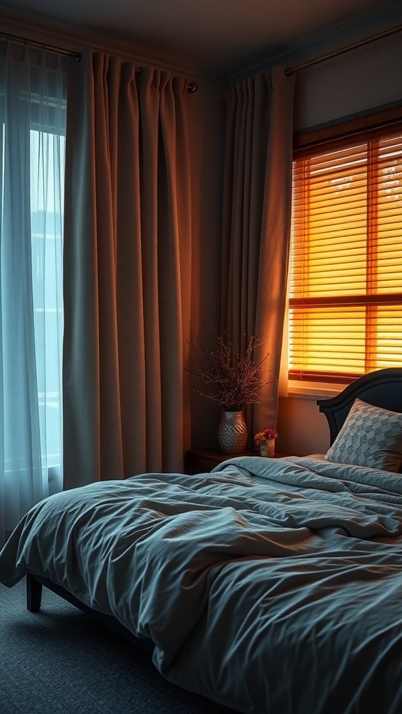 Cozy fall bedroom with soft curtains and wooden blinds