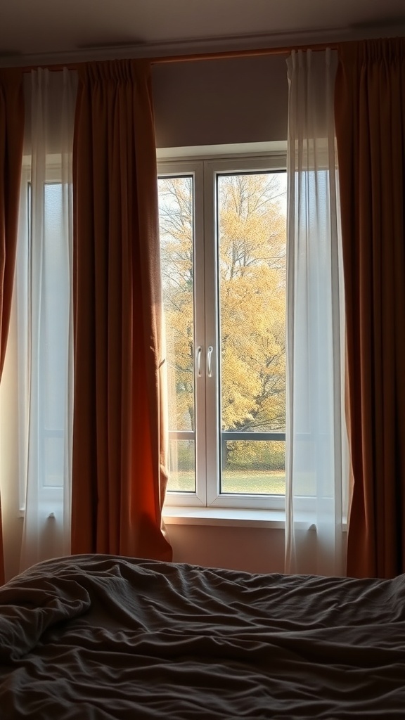 A cozy bedroom window with orange and sheer curtains, showcasing autumn trees outside.