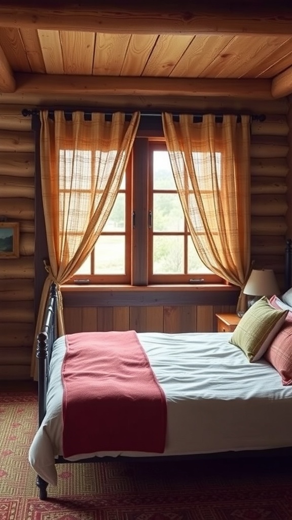 A cozy rustic bedroom featuring warm-toned curtains and wooden accents.