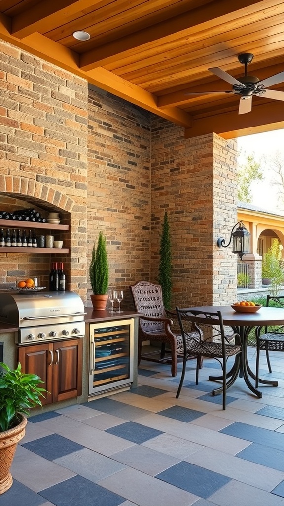 Outdoor kitchen with grill, wine cooler, and dining area