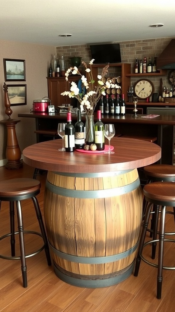 Wine barrel table with glasses in a rustic basement bar setting