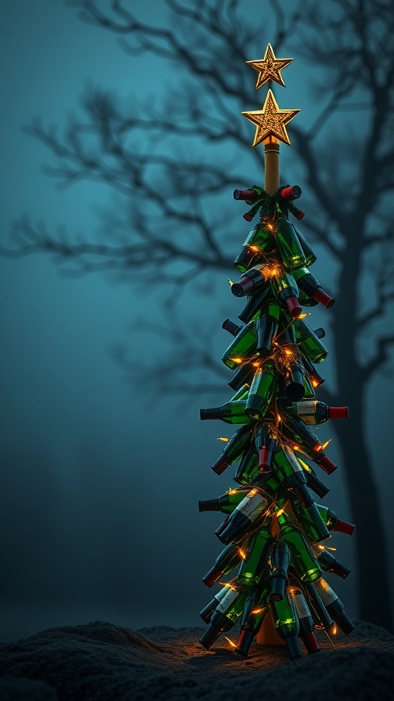 A creative wine bottle tree decorated with lights and topped with stars.