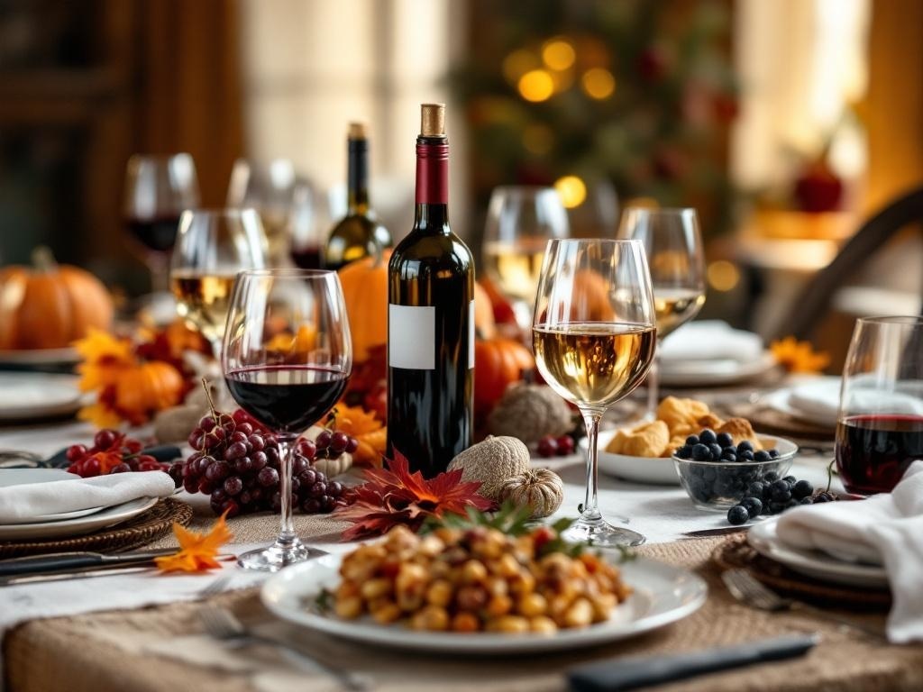A beautifully arranged Thanksgiving table with wine, food, and autumn decorations.