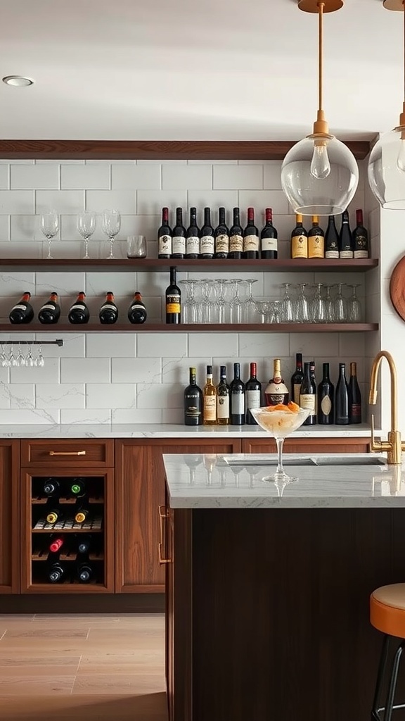 A modern kitchen bar with a wine rack, showcasing various wine bottles and glassware.