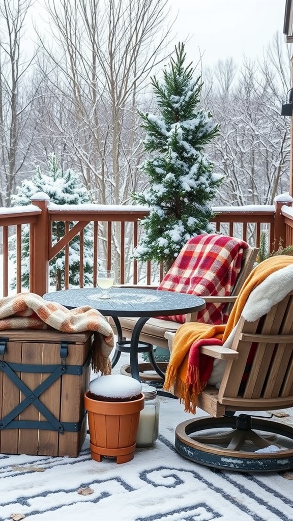 A cozy winter outdoor seating area with chairs, blankets, and a small table surrounded by snow.
