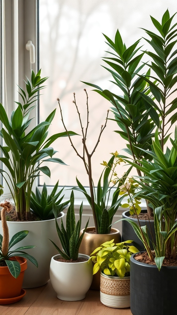 A variety of indoor plants in pots near a window, showcasing winter-friendly greenery.