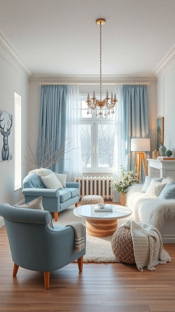 A cozy winter room with light blue decor and warm wooden accents.