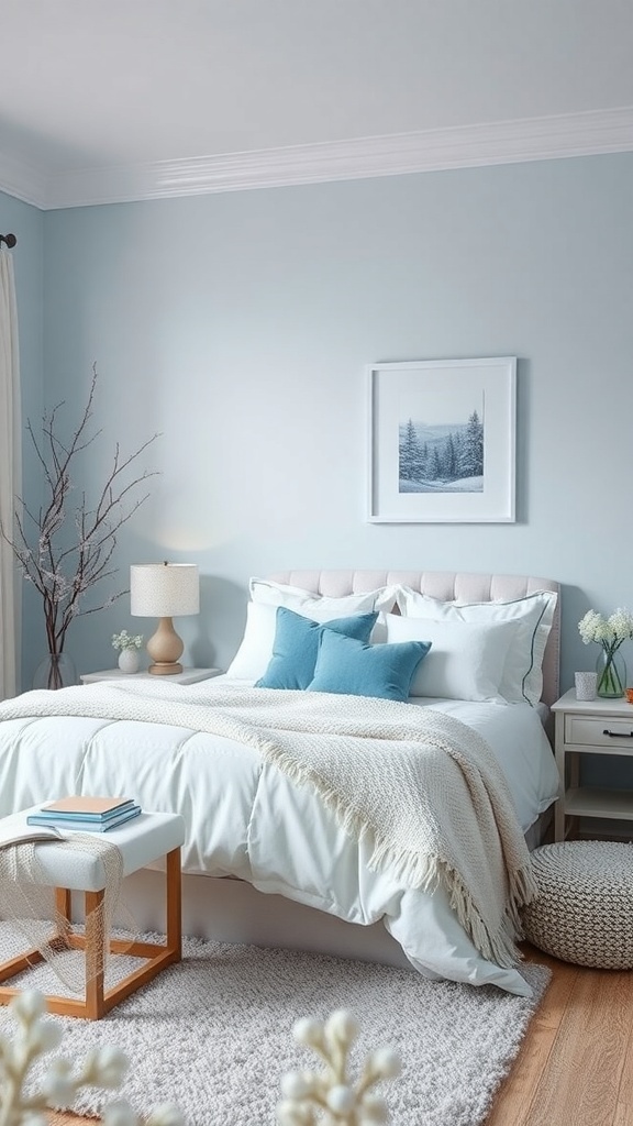 A cozy winter bedroom with soft blue walls, white bedding, and decorative pillows.