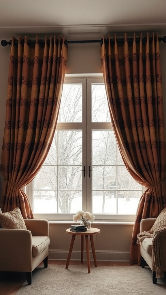 A cozy living room with winter-inspired curtains, featuring warm colors and a view of snow outside.