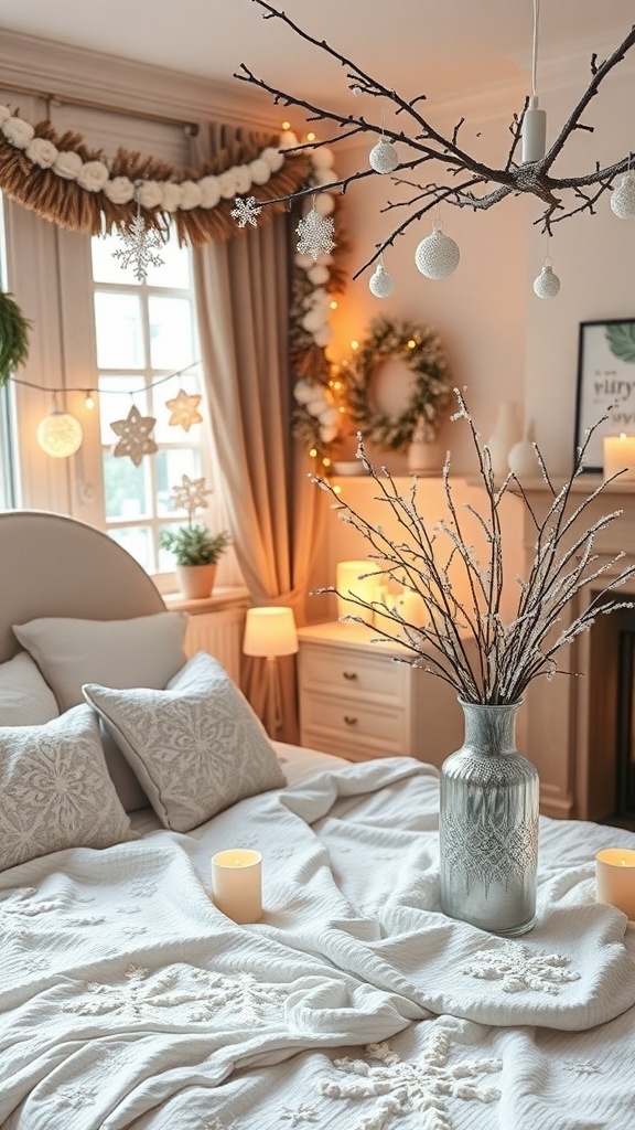 A cozy winter bedroom with soft blankets, warm lighting, and decorative branches.