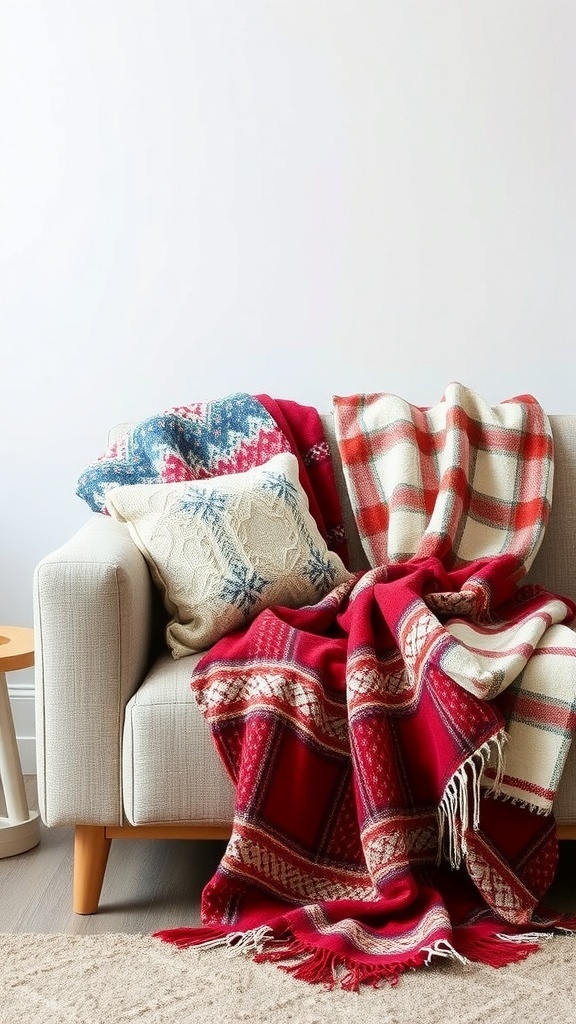A cozy sofa adorned with winter-themed decorative throws and pillows.