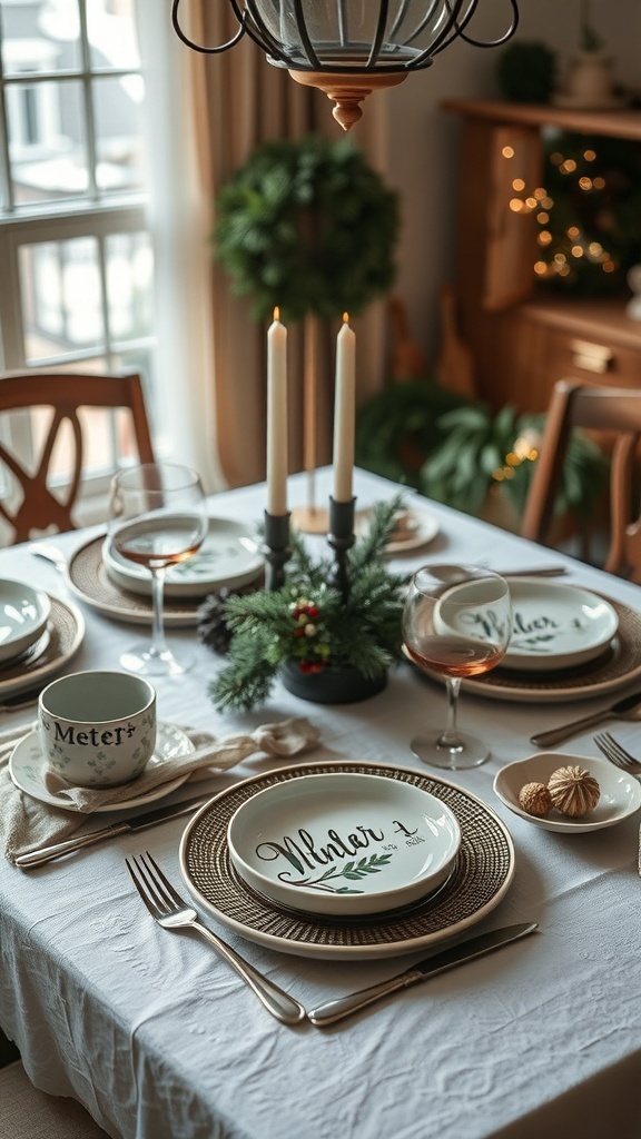 A beautifully set winter table with plates, glasses, and candles.