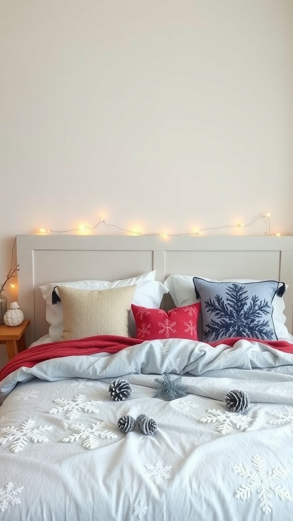 A cozy winter-themed bedroom with snowflake motifs, decorative pillows, and twinkling lights.