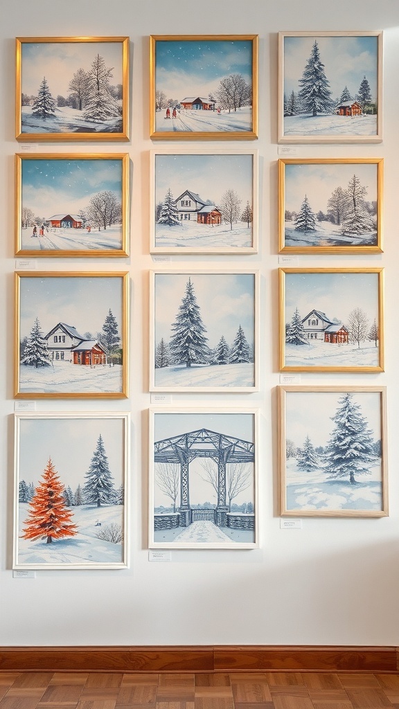 A collection of winter-themed paintings featuring snowy landscapes and cozy homes.