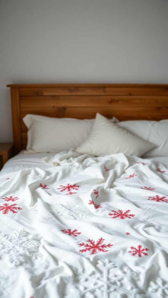 A cozy bed with a white blanket featuring red snowflake patterns, complemented by soft pillows.