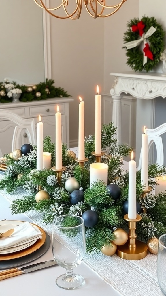 A winter-themed centerpiece featuring candles, greenery, and ornaments on a dining table.