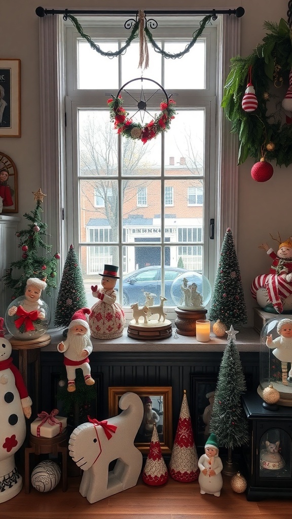A cozy winter-themed decor setup featuring snowmen, Christmas trees, and festive figures.