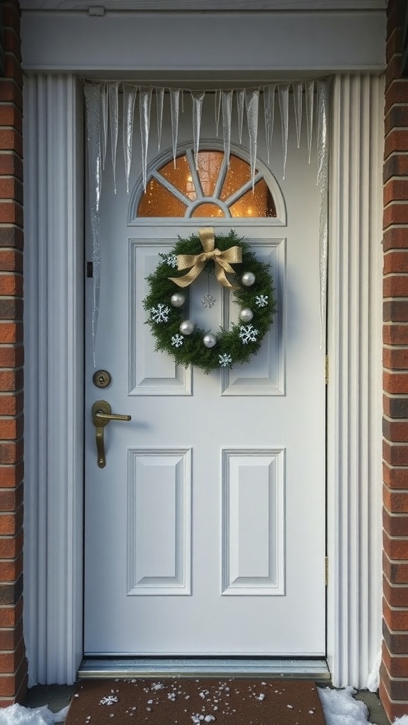 A winter-themed front door with a wreath and icicles.