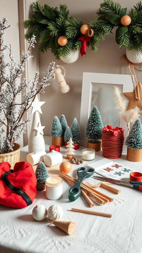 A table filled with winter-themed DIY craft supplies, including small trees, candles, and decorative items.