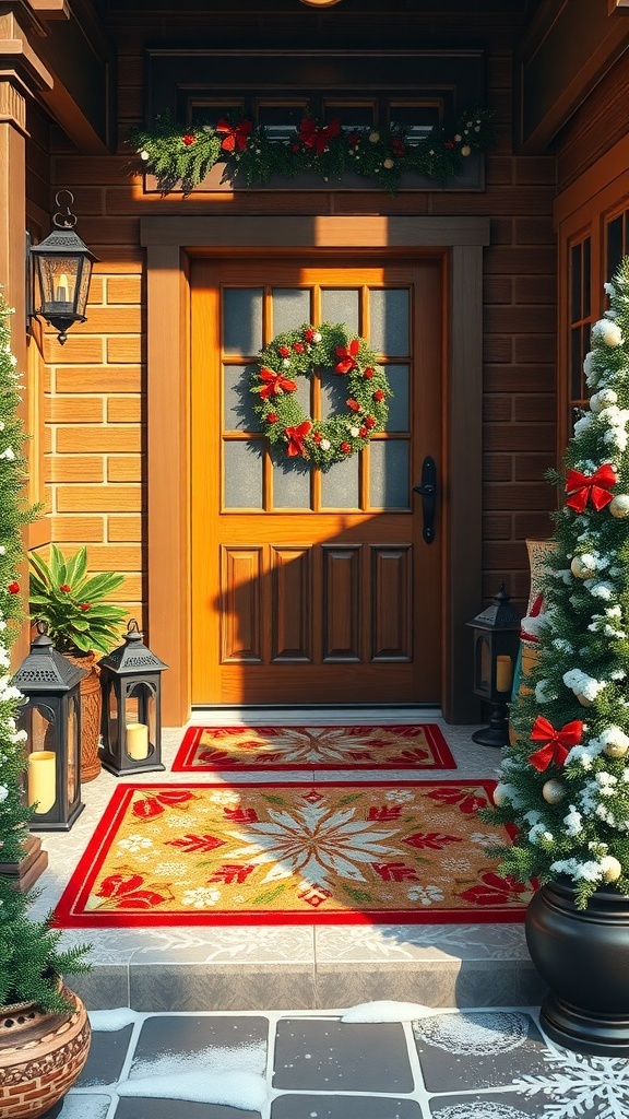 A winter-themed doormat with festive designs, placed in front of a door decorated with a wreath.
