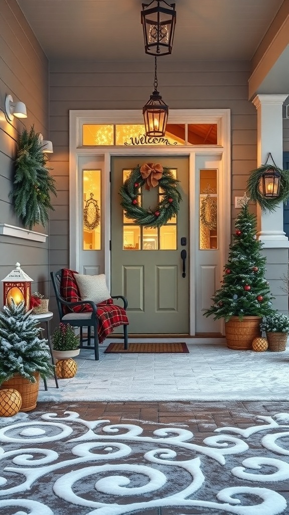 A winter-themed entryway featuring a decorated door, wreath, and snow-covered plants.
