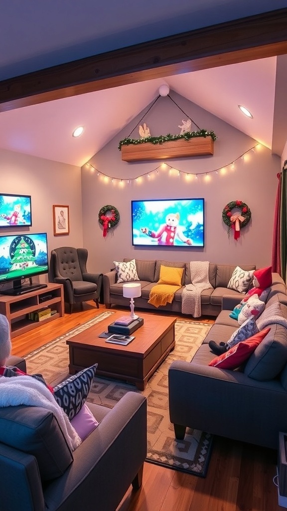 Cozy winter-themed game room with festive decorations and comfortable seating.
