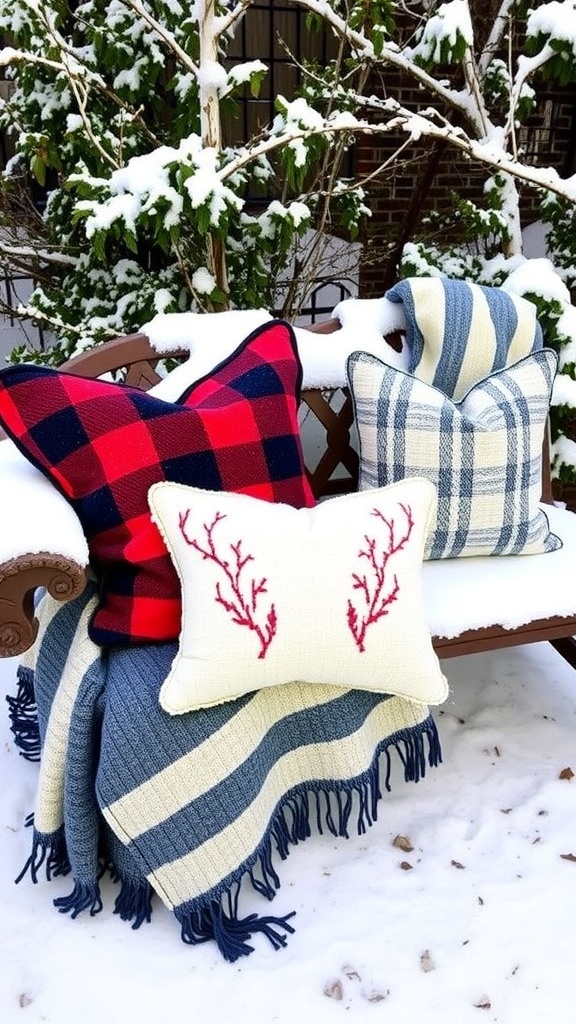Outdoor bench with winter-themed pillows and throws in a snowy setting.