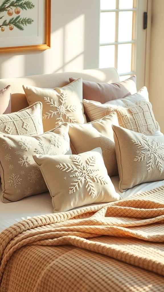 A collection of winter-themed pillows featuring snowflakes and festive designs on a bed.