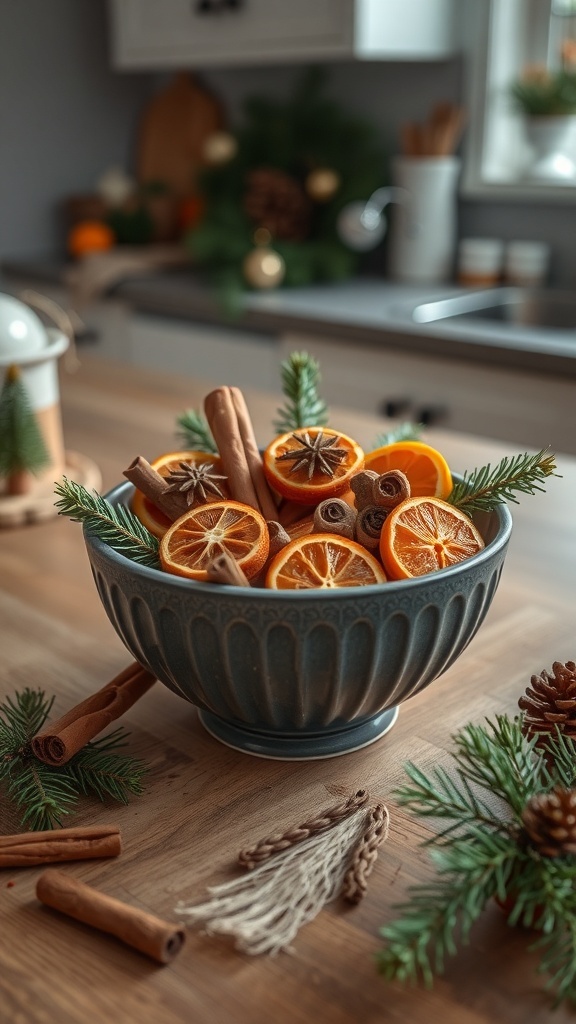A bowl of winter-themed potpourri with dried oranges, cinnamon sticks, and pine.