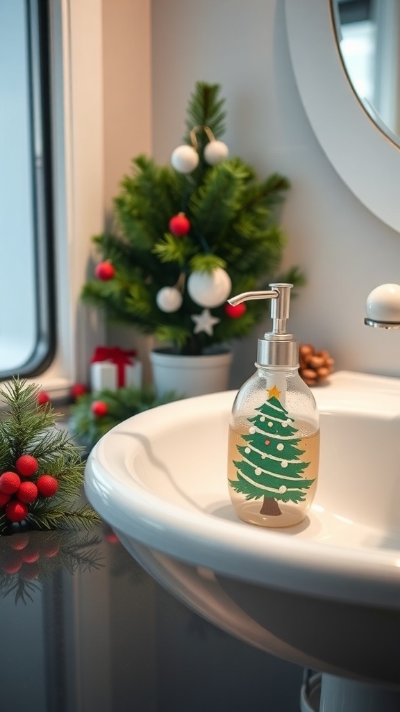 A Christmas-themed soap dispenser featuring a tree design, placed next to a small holiday tree and decorations in a bathroom.