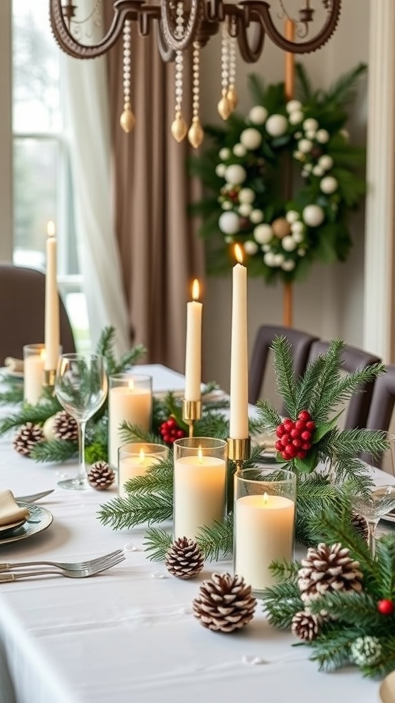 A winter-themed table centerpiece featuring candles, pinecones, and greenery.