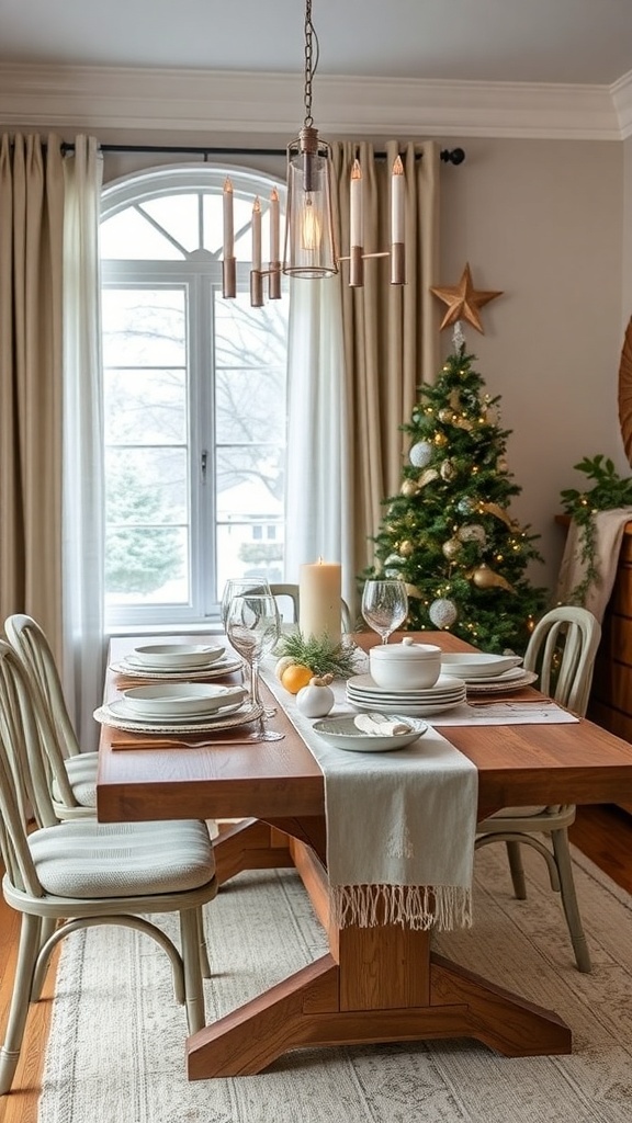A winter-themed dining table with a soft table runner, elegant dinnerware, and a cozy ambiance.