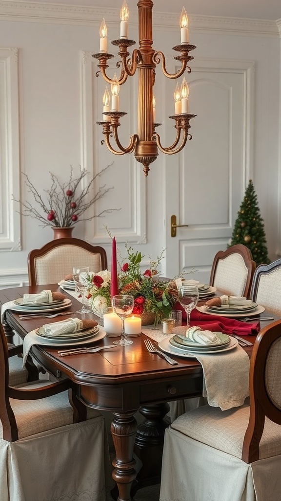 A beautifully set dining table with winter-themed decor, featuring candles, flowers, and elegant tableware.