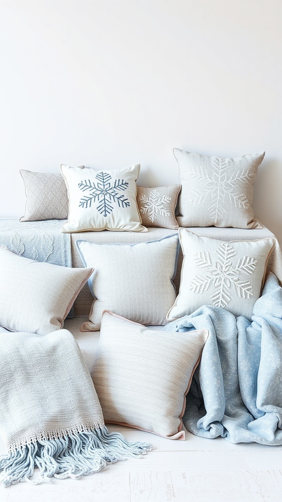 A collection of winter-themed pillows and blankets in soft blue and white colors.