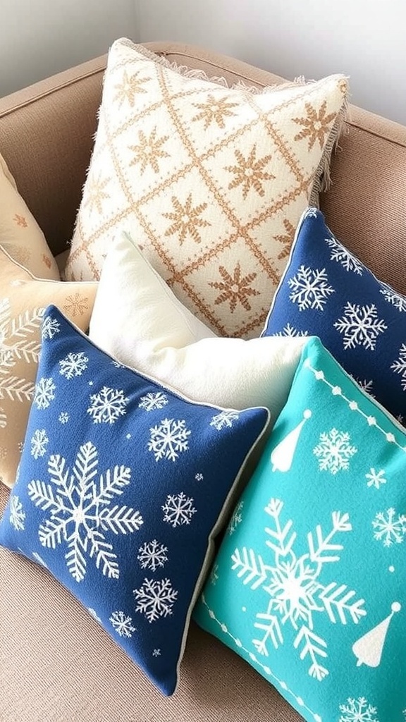 A collection of winter-themed throw pillows on a couch, featuring snowflake designs and a festive message.