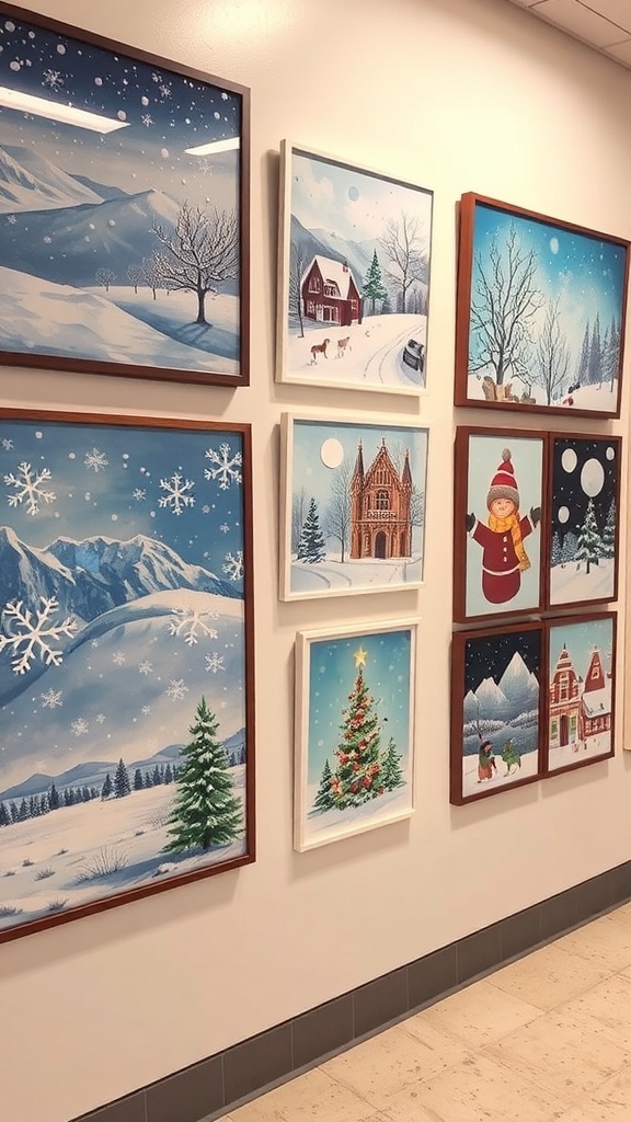 A collection of winter-themed wall art featuring snowy landscapes, festive scenes, and cheerful characters.