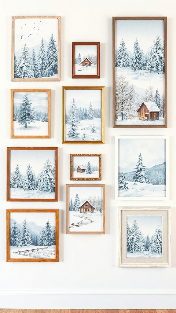 A collection of winter-themed wall art featuring snowy landscapes and cozy cabins in various frames.