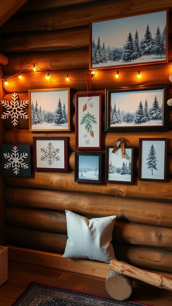 A cozy winter-themed wall art display in a cabin, featuring framed snowy landscapes and snowflake decorations.
