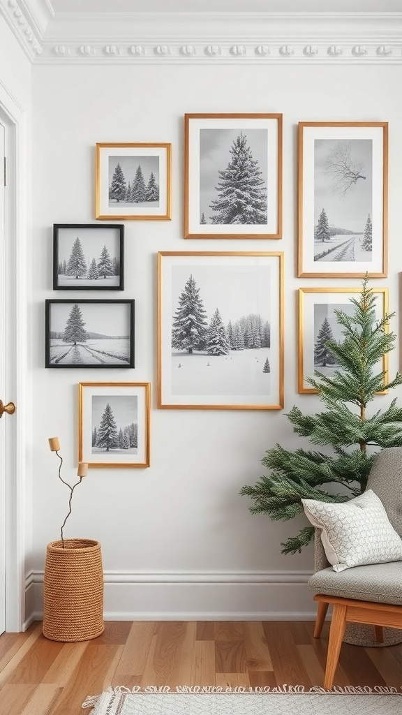 A collection of winter-themed black and white wall art featuring snowy trees in various frames.
